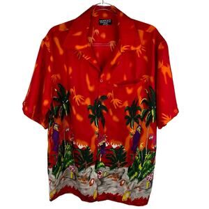 Pacific & Co Hawaiian Shirt M Red Purple Parrots Vacation Tropical